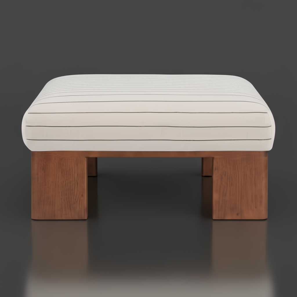 Surya Lunara Ottoman with a cream striped polyester cushion and brown stained rubber wood base.