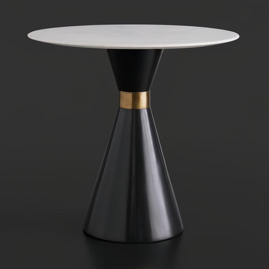 Denali Accent Table with a white marble top, black hourglass base, and a brass band.