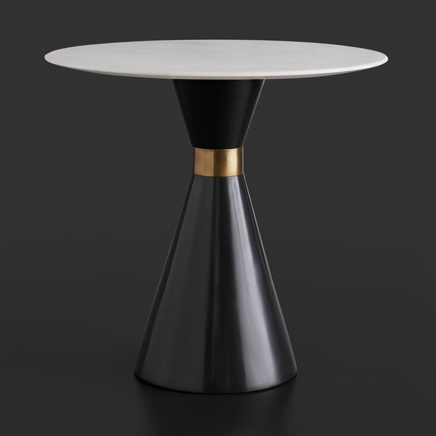 Denali Accent Table with a white marble top, black hourglass base, and a brass band.