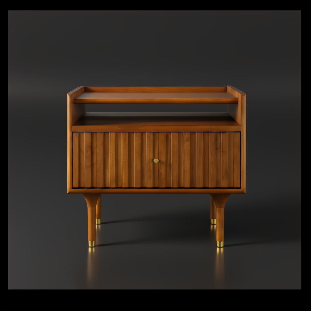 Surya Madri brown minimalist modern nightstand with a fluted drawer, open shelf, and brass-capped legs.