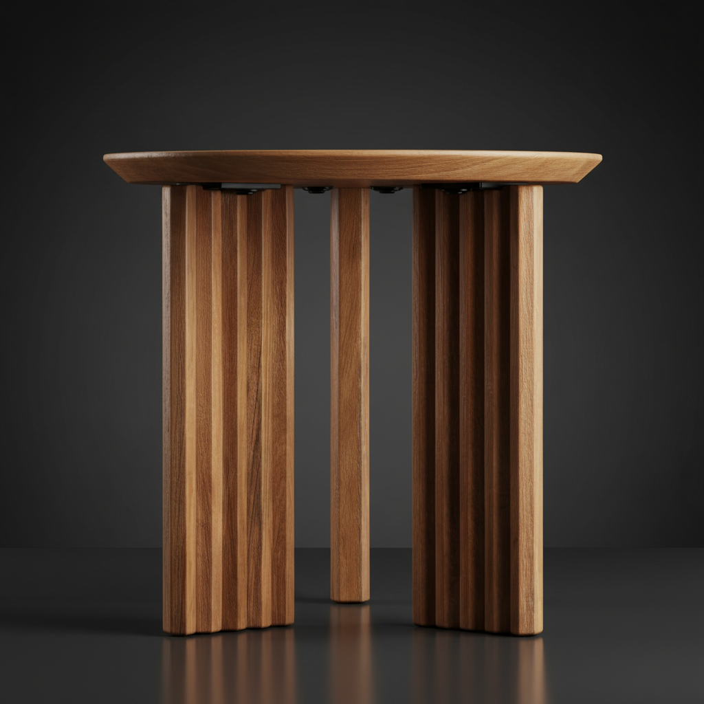 Surya Agnes 18" brown lacquered mango wood round end table with beveled top and zigzag fluted legs.