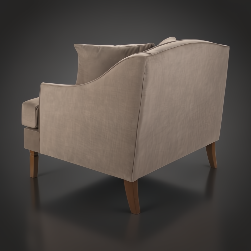 Surya Maywood accent chair with light brown polyester upholstery, dark brown wood legs, and two pillows.