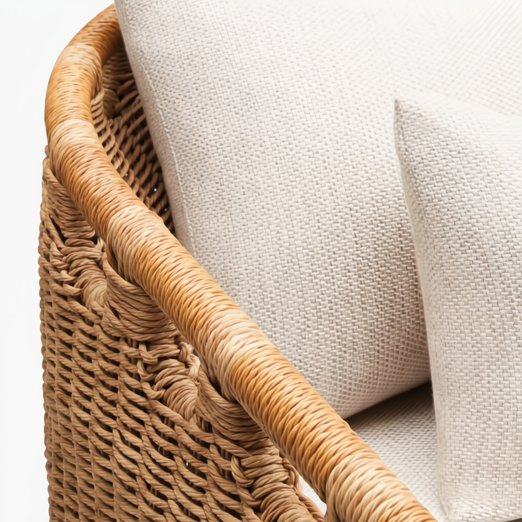 Close-up of a woven outdoor sofa with light brown wicker frame and cream Sunbrella cushions.