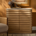 Beige lacquered mango wood Redondo cabinet with a polished marble top and minimalist modern design.