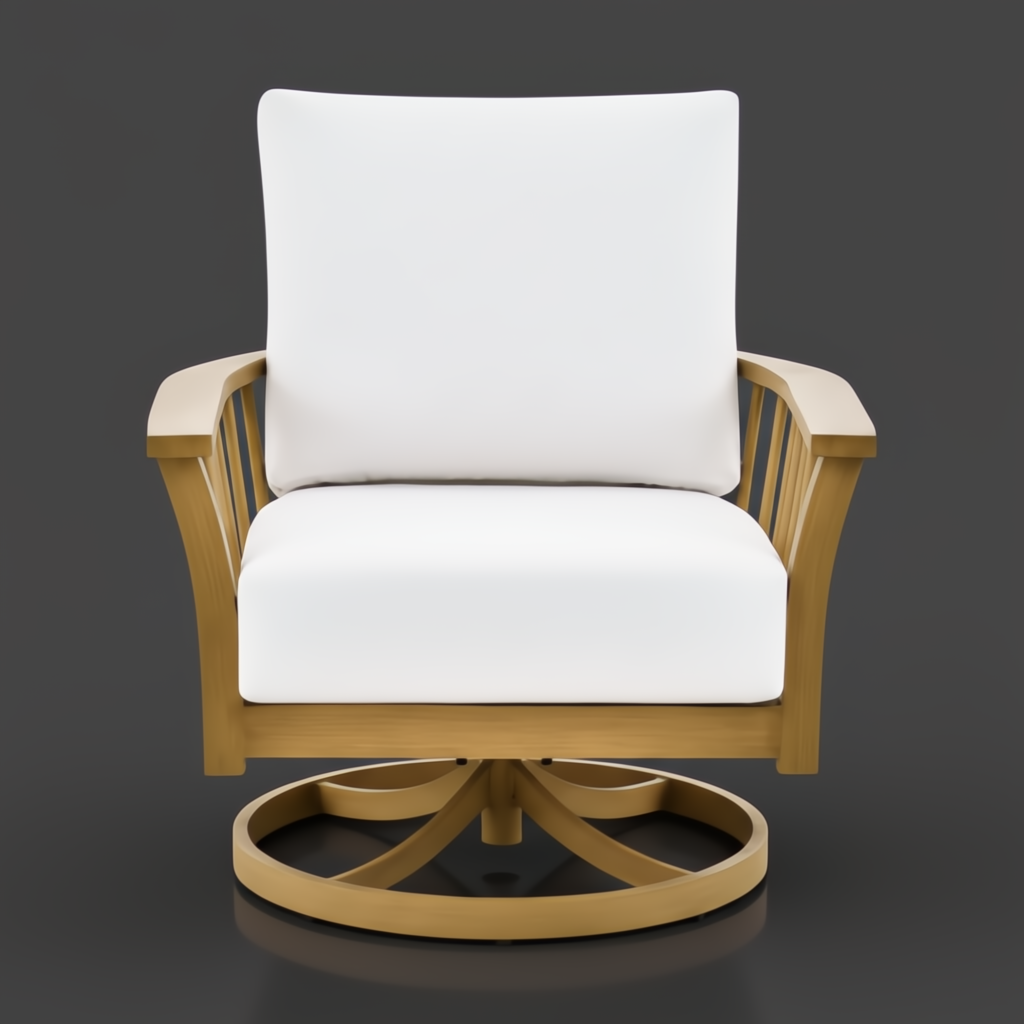 Surya Cape Town outdoor swivel chair with wheat hand-painted aluminum base and white Sunbrella cushions.