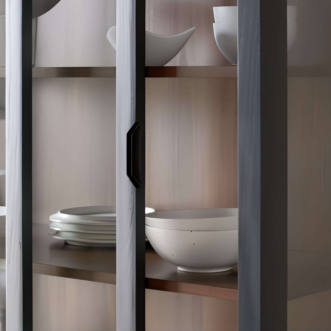 Close-up of a modern black and brown Marin bookcase with glass doors, displaying white dishes on adjustable shelves.