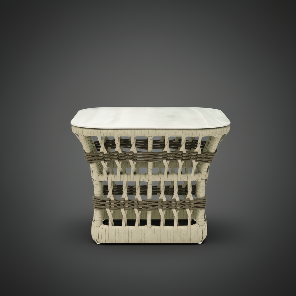 Surya Winder outdoor end table with cream aluminum top and handwoven PE rope base.