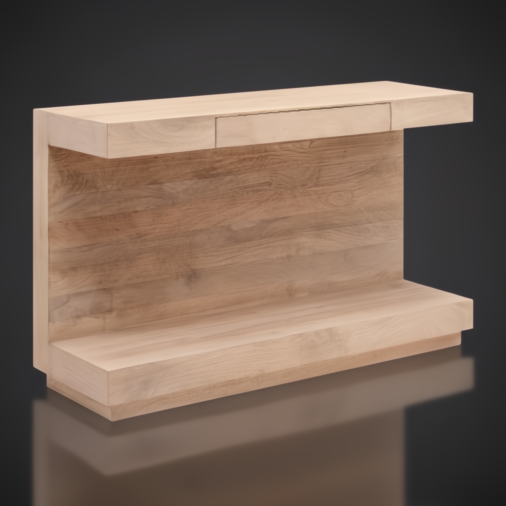 Light brown mango wood console table with a minimalist modern design, soft-close drawer, and plinth base.