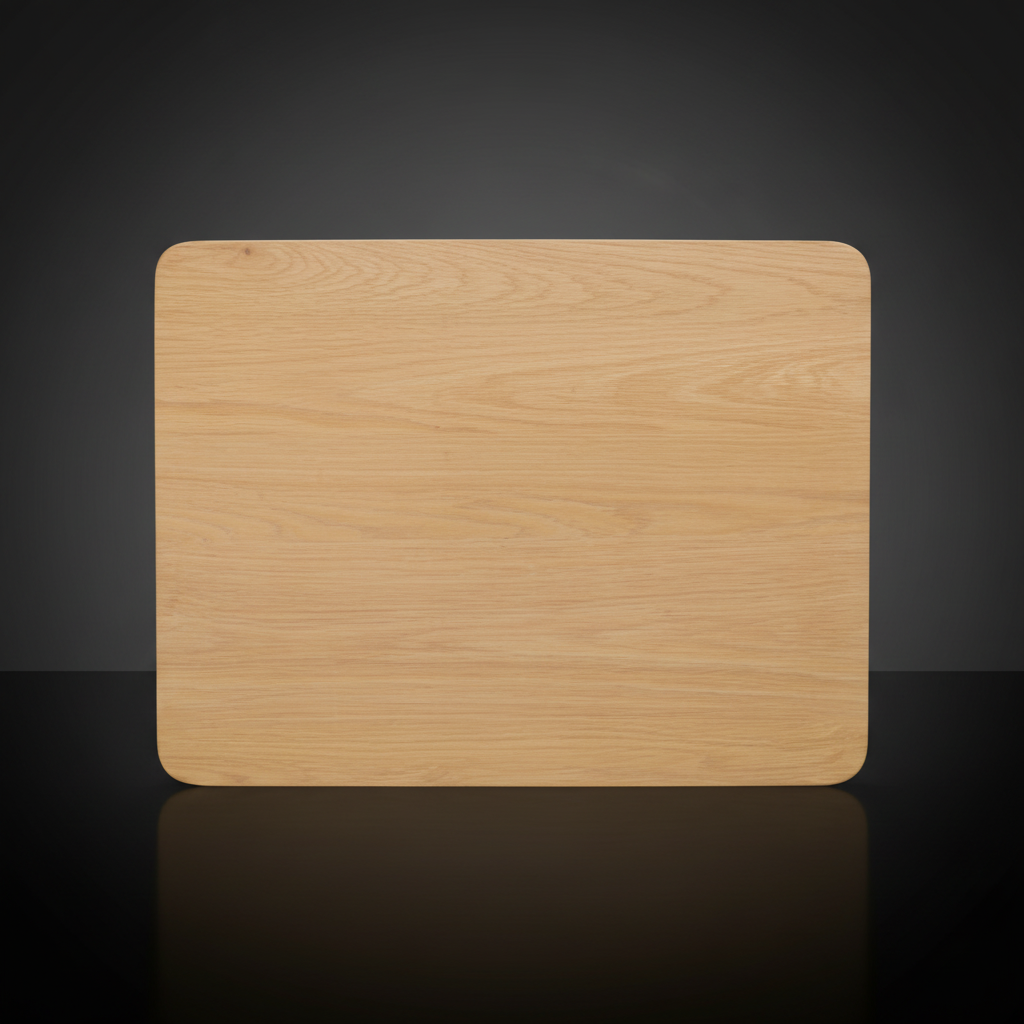 Close-up of a light brown oak veneer end table top with rounded corners.
