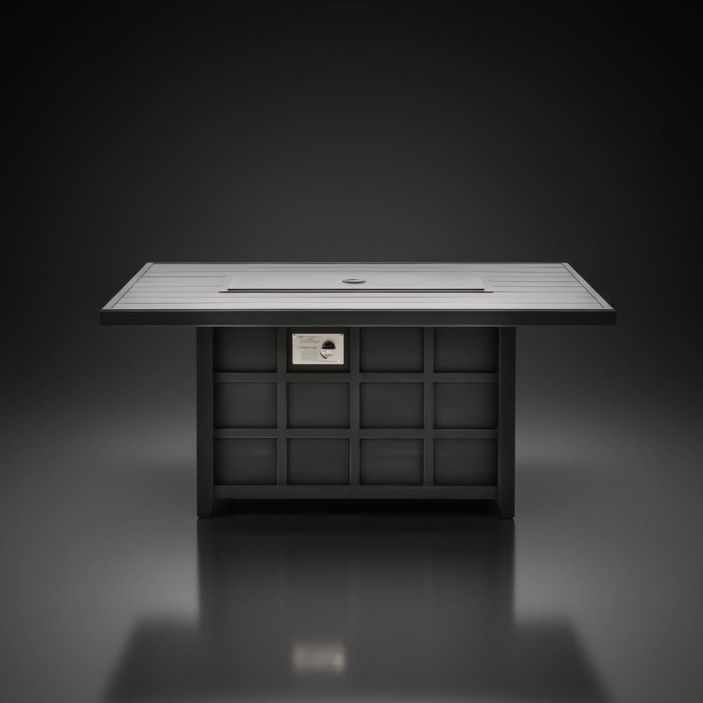 Black hand-painted aluminum Surya Fairborn Fire Table, 56"W, with a slatted top and grid base.