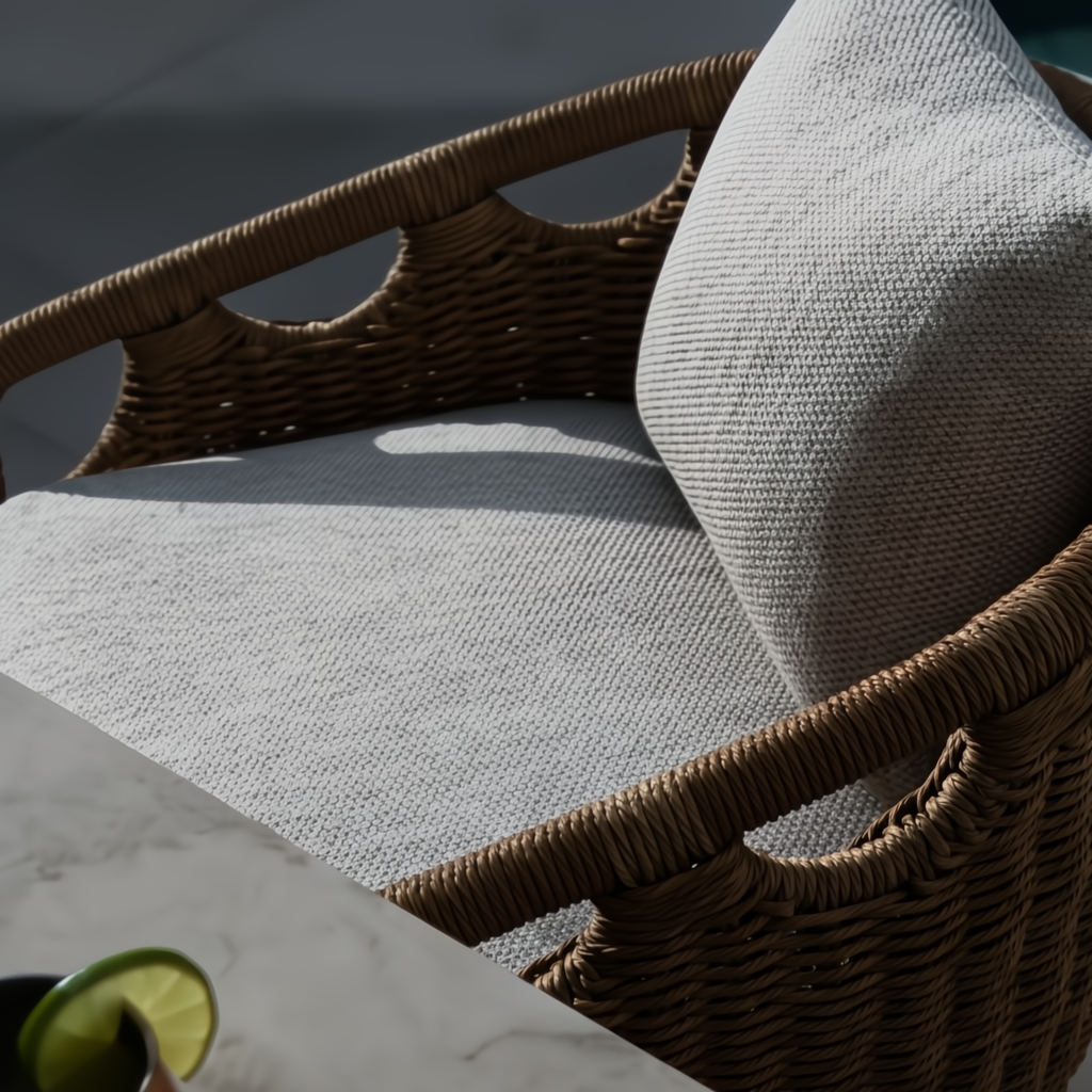 Surya Marvella Bar Stool with light gray Sunbrella cushions and a woven brown base.