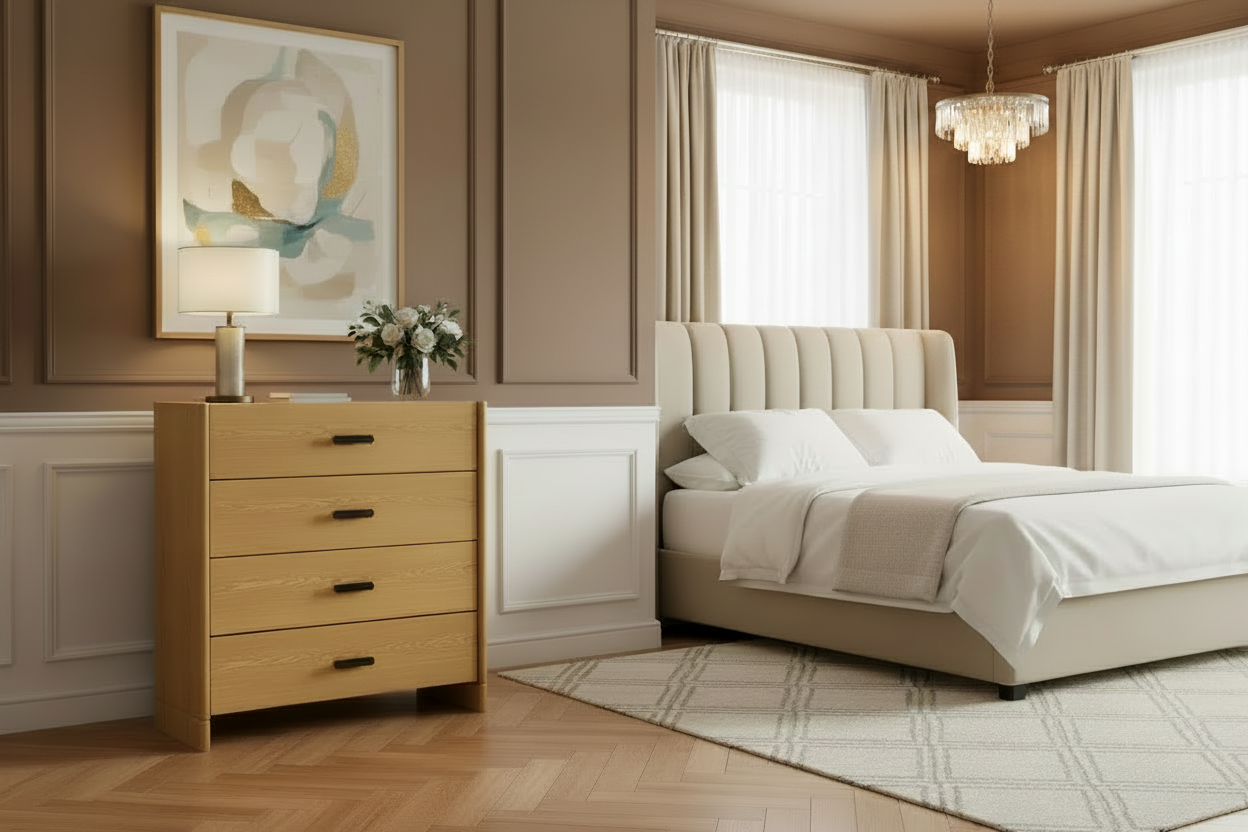 Bodo dresser with four drawers, brown natural wood veneer finish, and minimalist black metal pulls.
