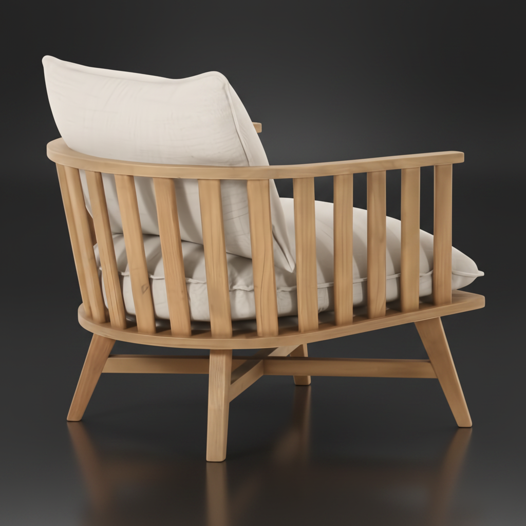 Surya Arco Accent Chair with light beige linen cushions and a natural wood slat back.