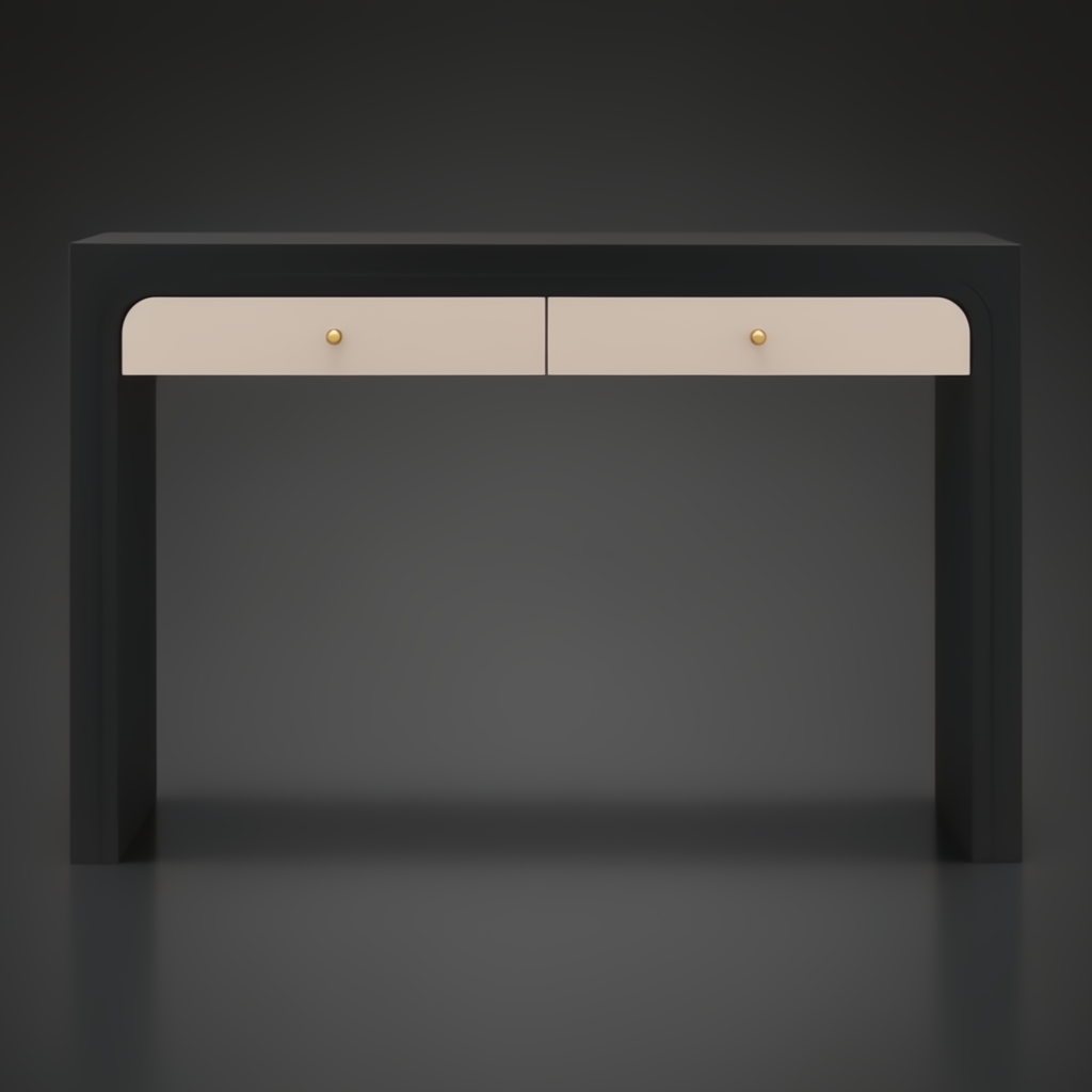 Surya Helene console table with black lacquered oak, natural resin grasscloth drawers, and brass knobs.