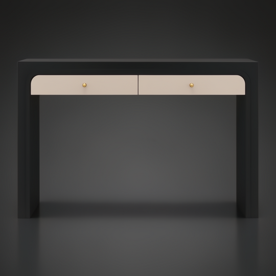 Surya Helene console table with black lacquered oak, natural resin grasscloth drawers, and brass knobs.