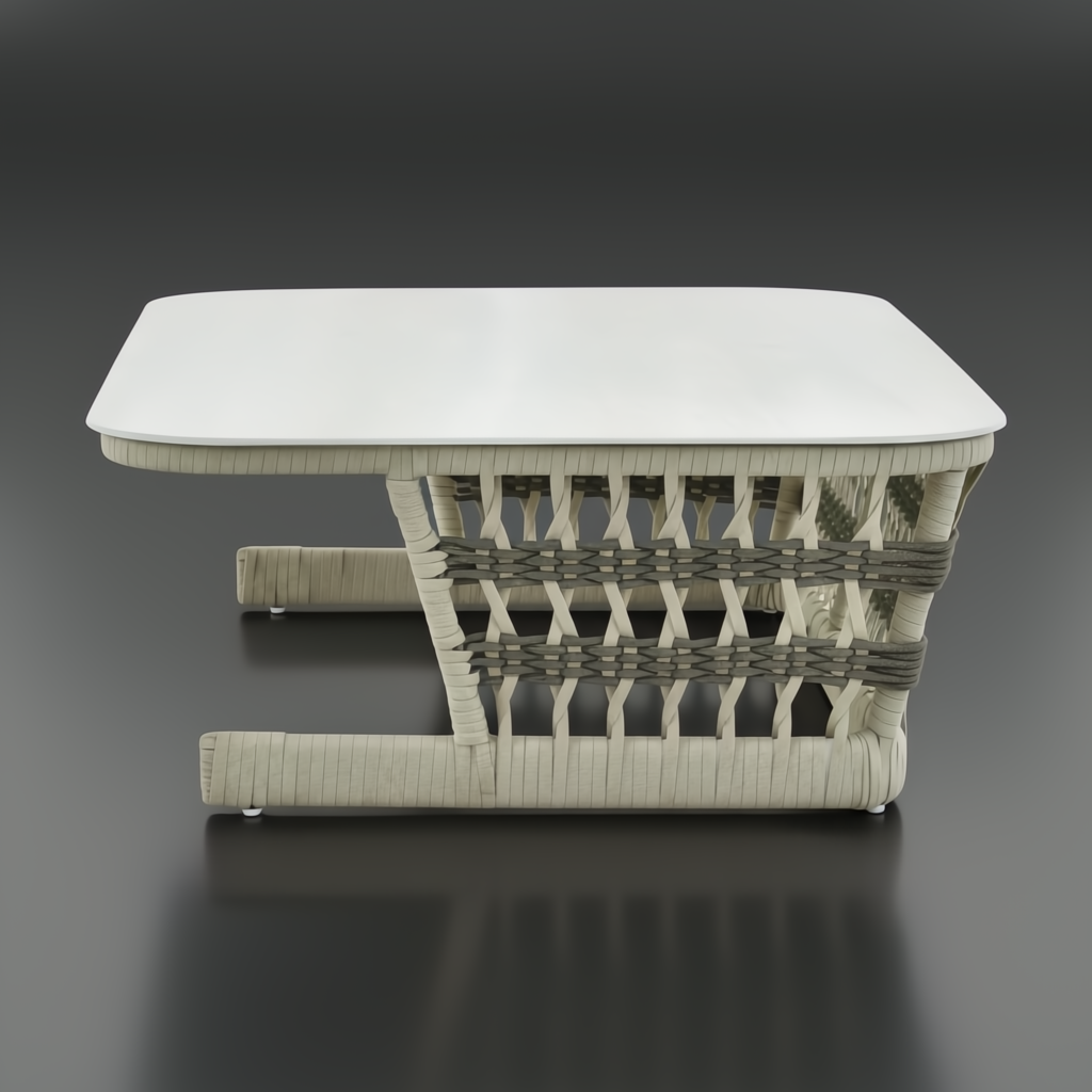 Surya Winder outdoor coffee table with cream powder-coated aluminum top and handwoven PE rope detail.