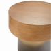 Surya Russula round end table with dark brown oak top and metallic gold iron base.