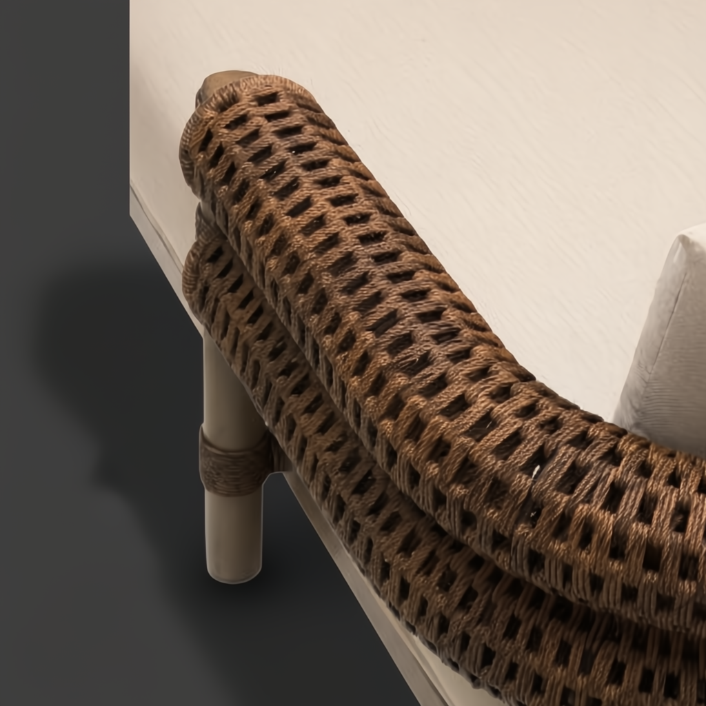 Brown handwoven PE wicker detail on a Surya Porta Daybed with a light Sunbrella® acrylic cushion.