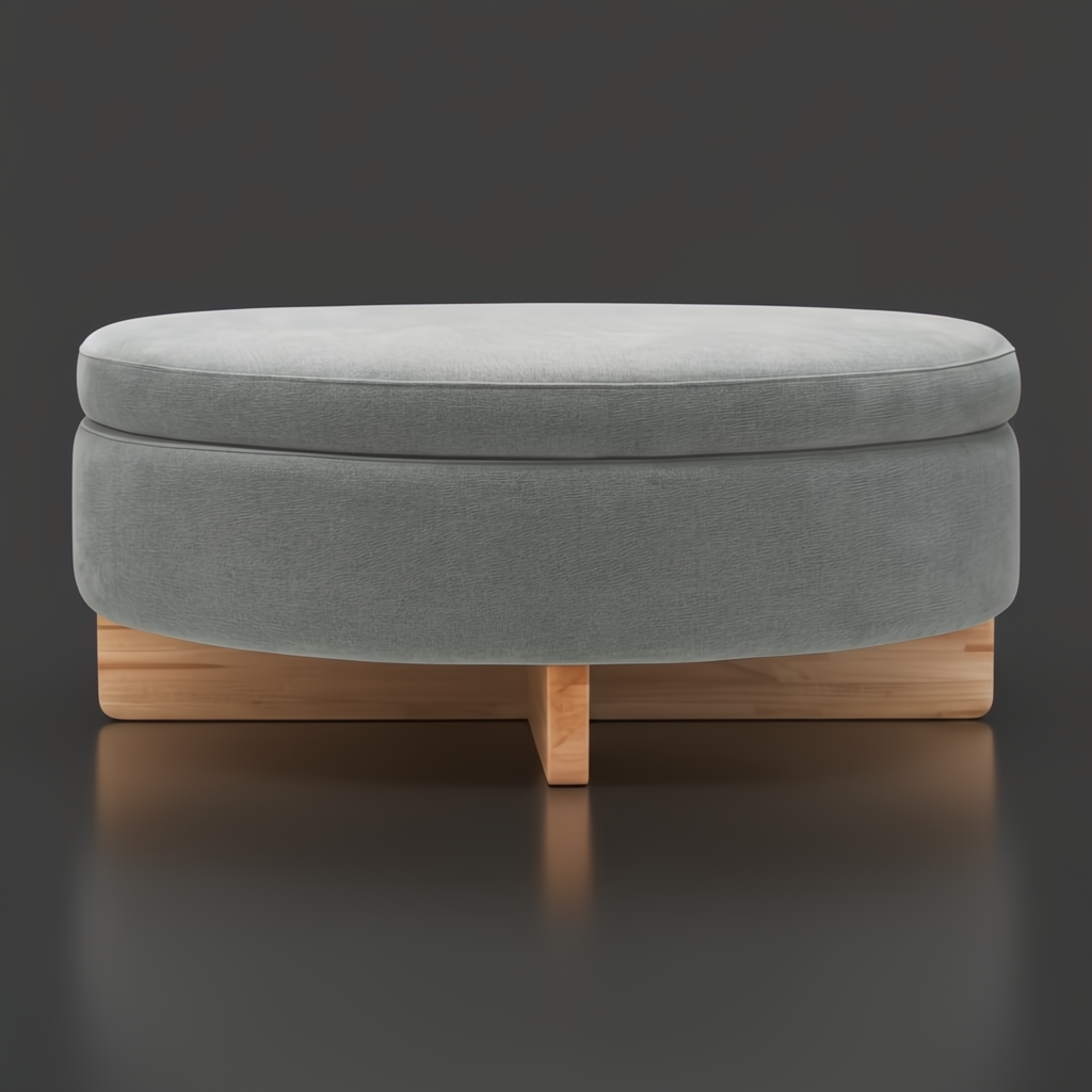 Surya Corson round storage ottoman with light gray polyester upholstery and natural wood base.