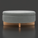 Surya Corson round storage ottoman with light gray polyester upholstery and natural wood base.