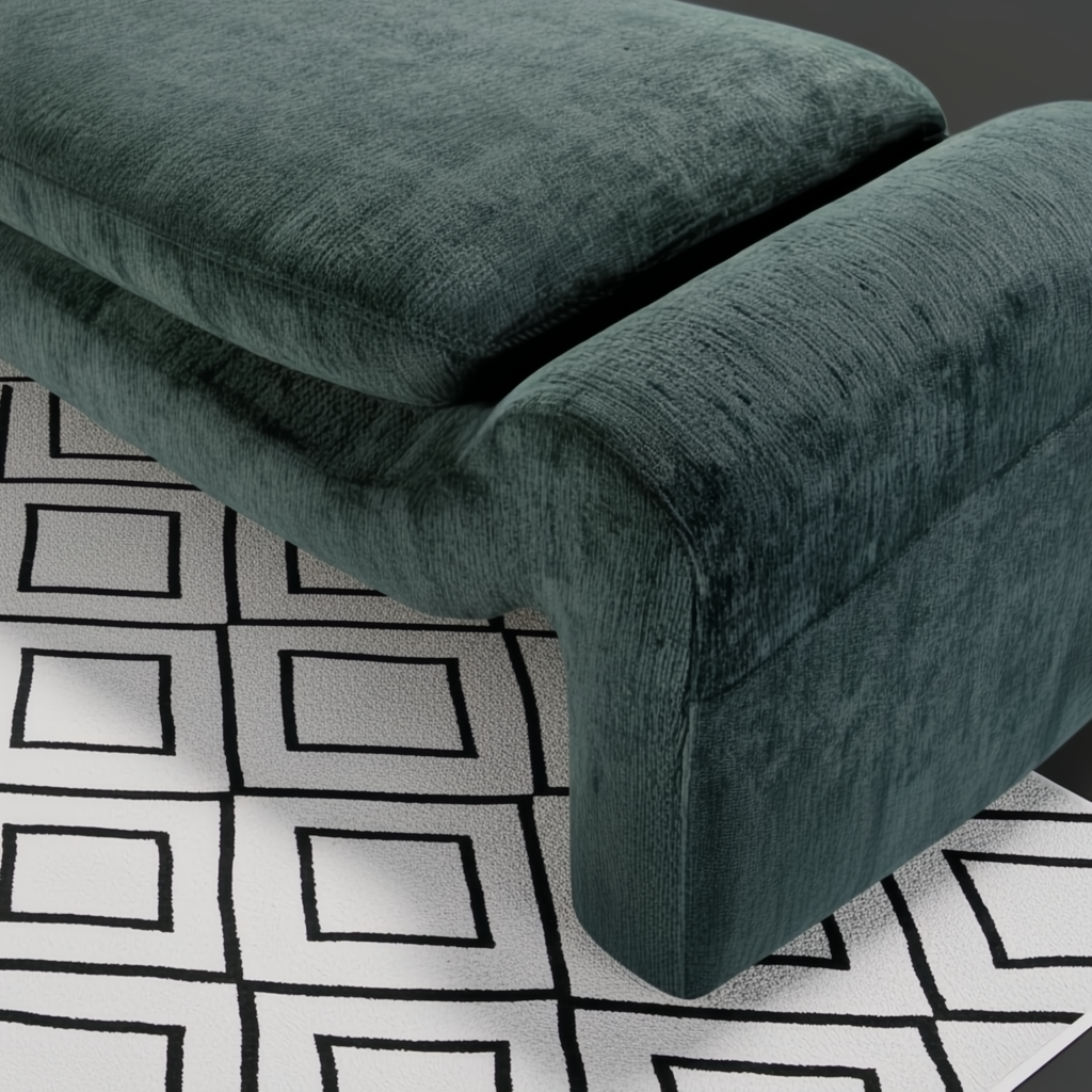 Teal upholstered Surya Cascadia bench with polyester cover and pine base on a geometric rug.