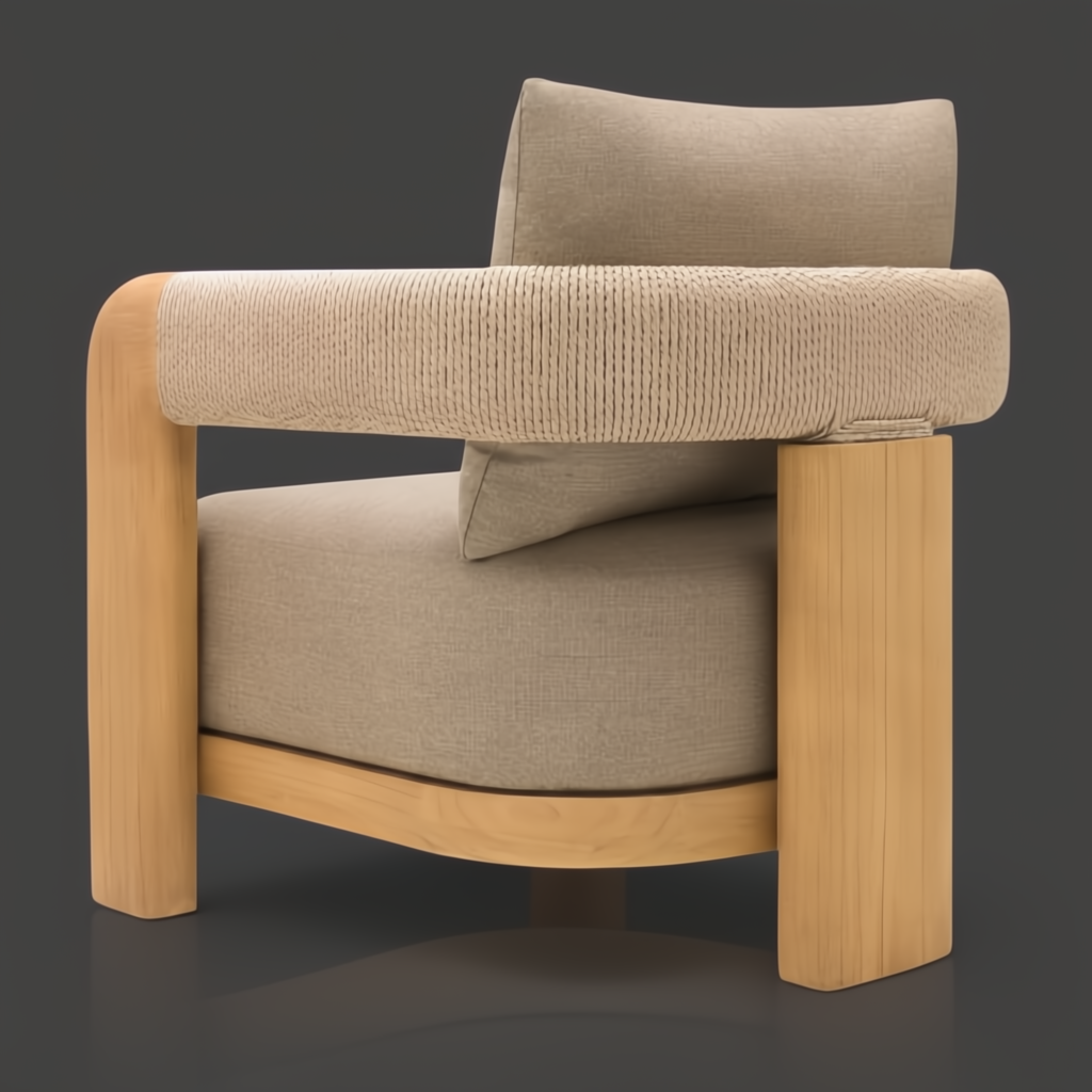 Surya Palma outdoor accent chair with beige Sunbrella cushions, teak wood base, and PE rope-wrapped arms.