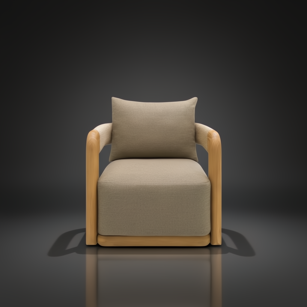 Surya Palma outdoor swivel chair with light brown Sunbrella fabric and natural teak wood frame.