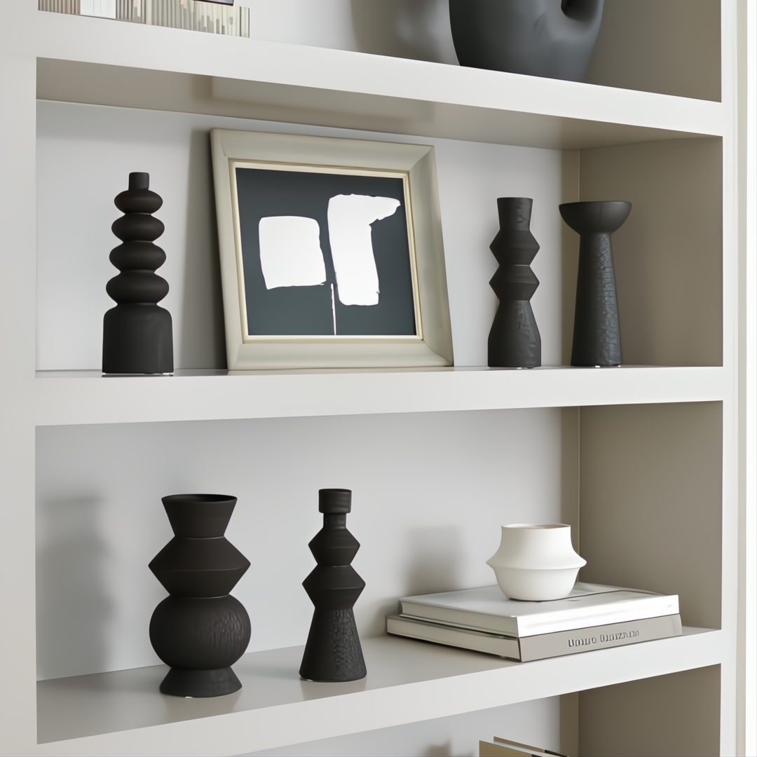 Surya Konark KNK-001 black ceramic vase set, global-inspired, varied sizes, 10"H.
