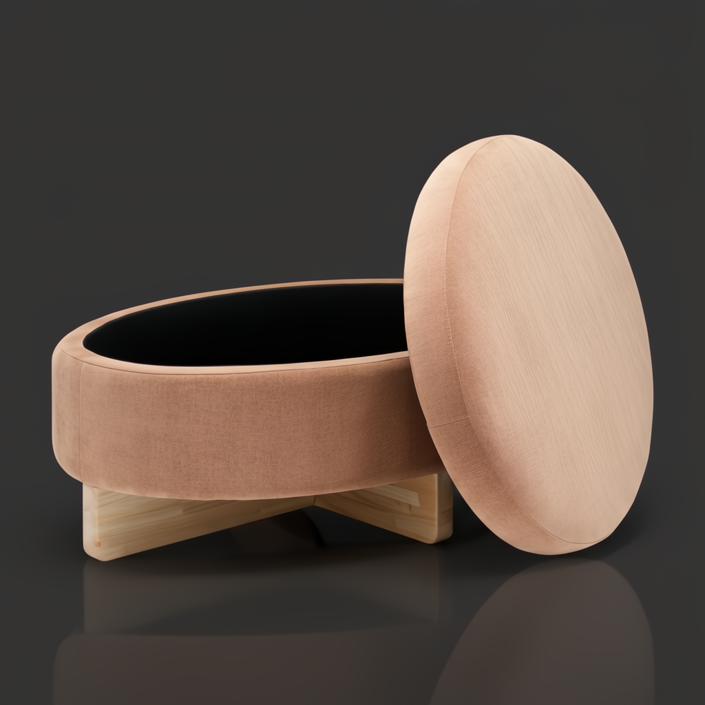Surya Corson round peach storage ottoman with a light wood base and lid slightly ajar.
