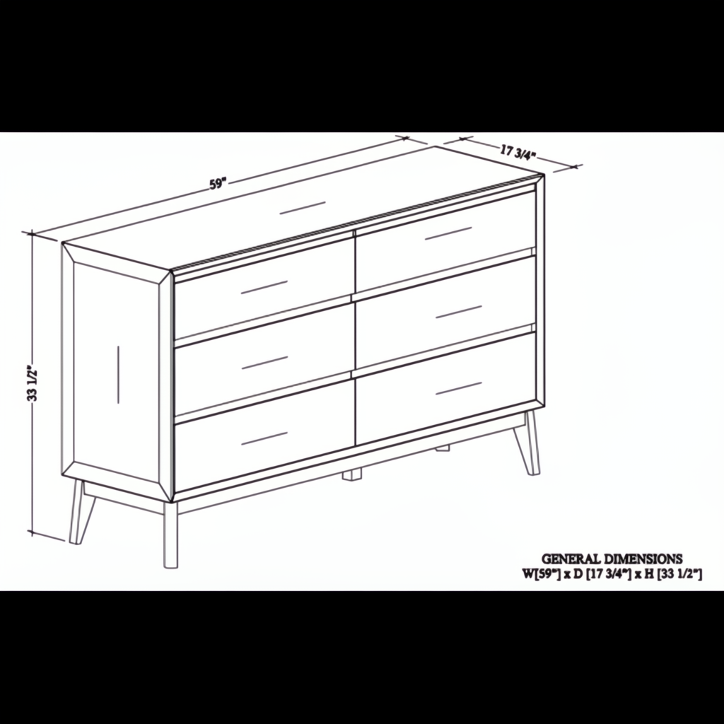 Line drawing of a brown oak mid-century modern dresser with six drawers and tapered legs.