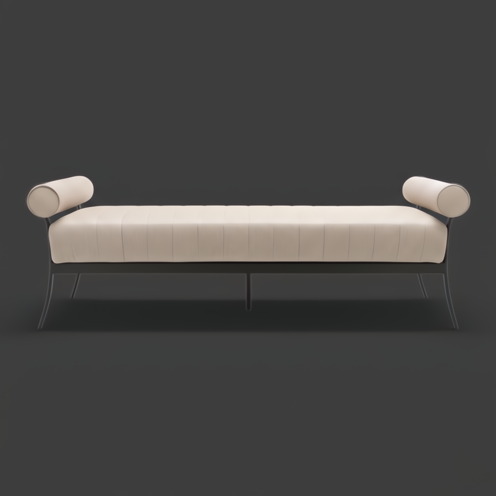 Surya Antibes outdoor bench with a light beige Sunbrella acrylic cushion, black aluminum base, and bolster arms.