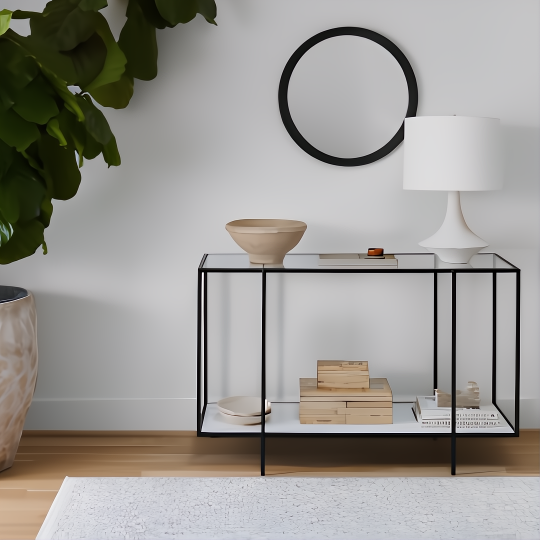 Surya Cane Garden decorative box set, natural bamboo and dark brown wood, on a modern console table.