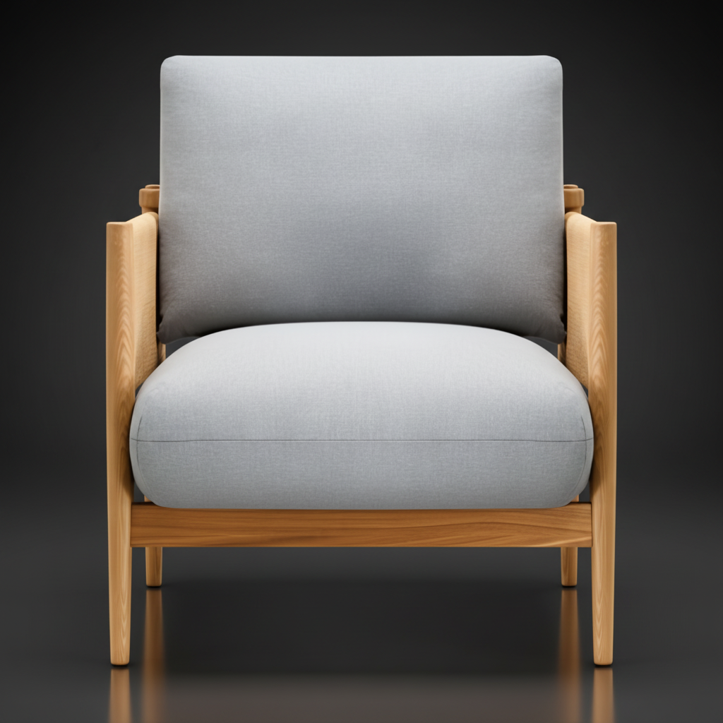Surya Brielle accent chair with light blue polyester upholstery and a brown stained ash wood base.