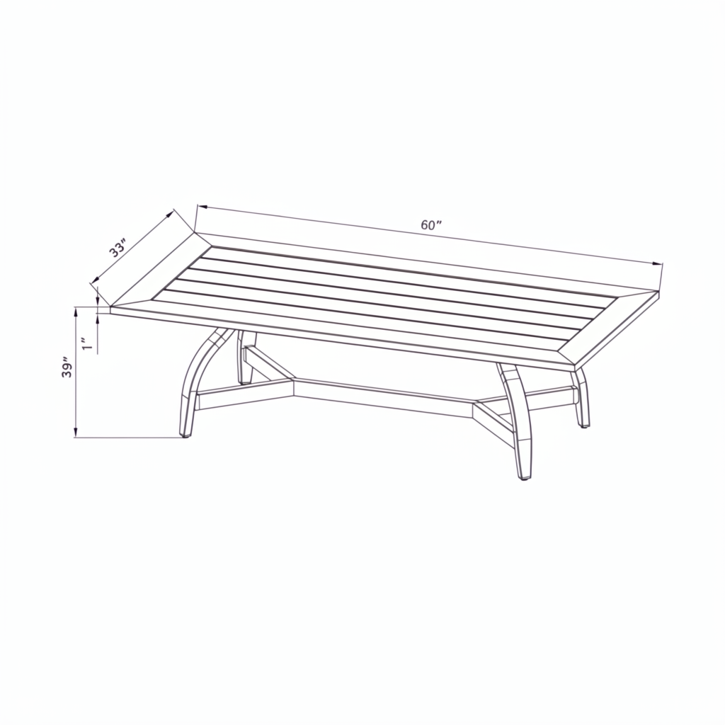 Black powder-coated aluminum outdoor coffee table with slatted top and curved legs, showing 60"W x 33"D dimensions.