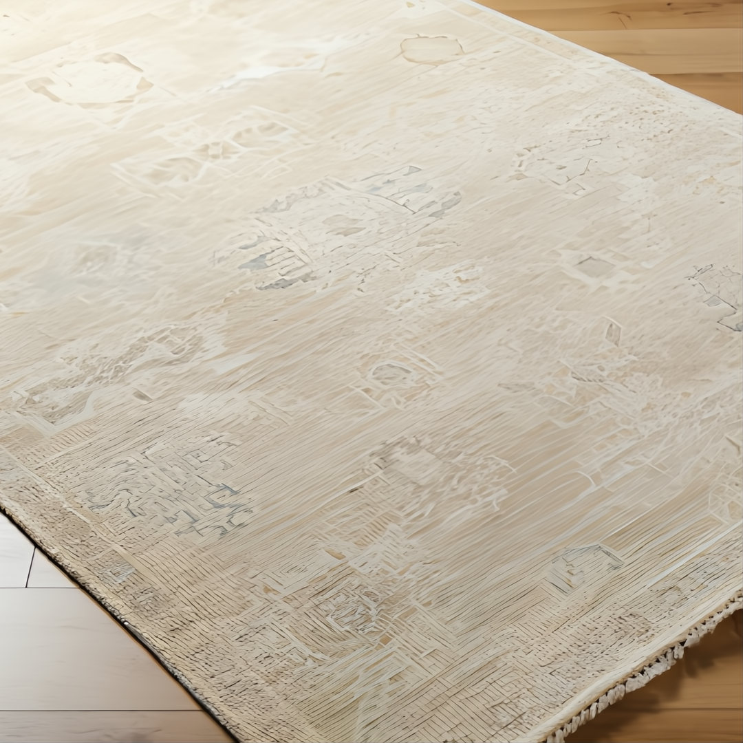 Surya Antalya AAT-2305 hand-knotted 100% wool area rug in a neutral, distressed transitional pattern.