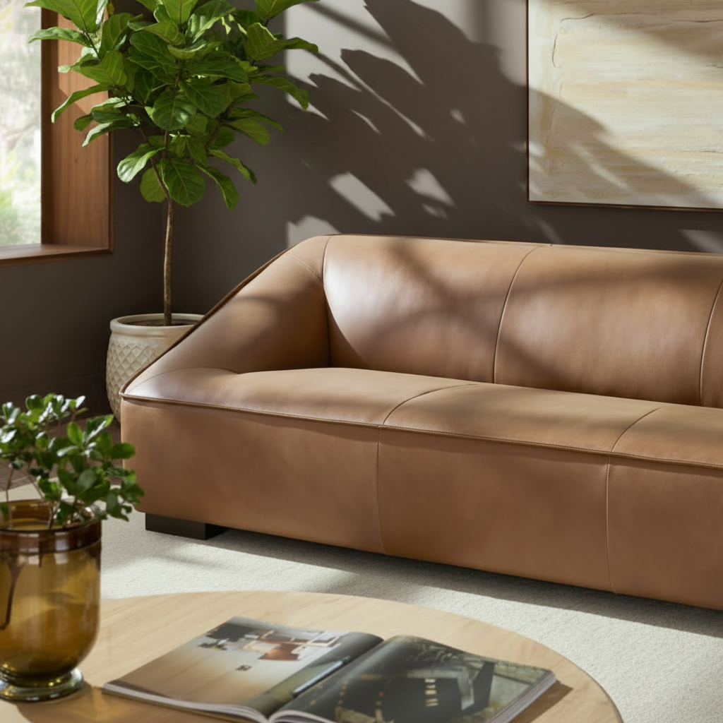 Brown leather Surya Alba sofa with clean lines in a sunlit living room.