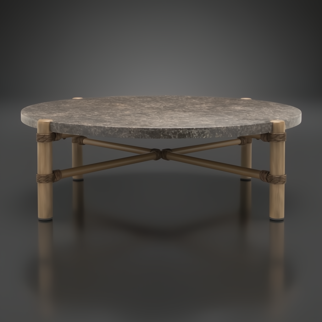 Round outdoor coffee table with charcoal matte stone top, brown aluminum base, and PE rope detail.