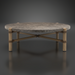 Round outdoor coffee table with charcoal matte stone top, brown aluminum base, and PE rope detail.