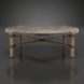 Round outdoor coffee table with charcoal matte stone top, brown aluminum base, and PE rope detail.