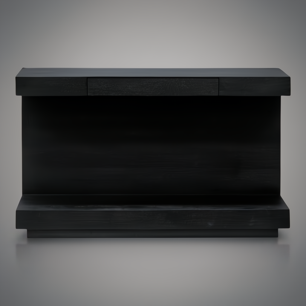 Black brushed mango wood Surya Coburn console table with a soft-close drawer and plinth base.