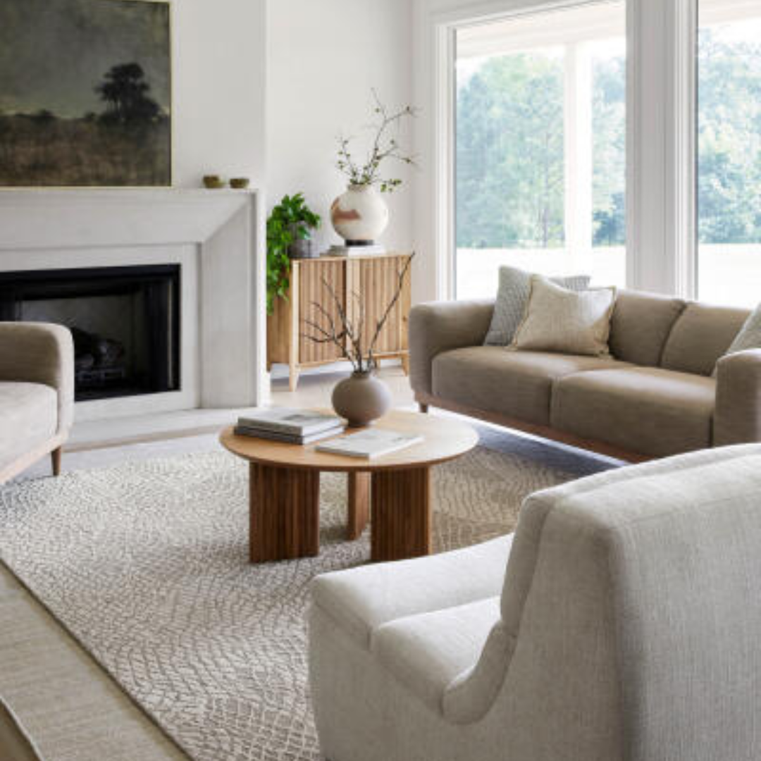 Round brown lacquered mango wood coffee table with a beveled edge top and zigzag fluted legs.