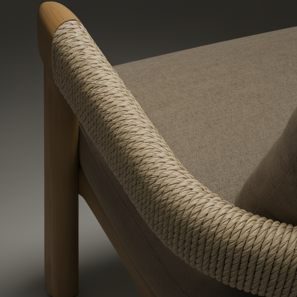 Taupe Sunbrella acrylic dining chair with a teak wood frame and woven arm detail.