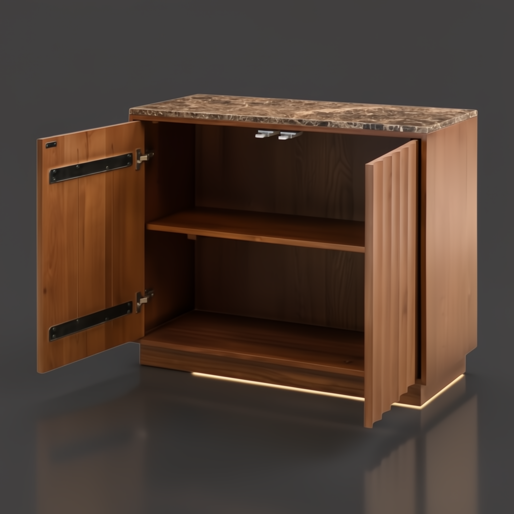 Brown mid-century modern Surya Skopa cabinet with marble top, open doors revealing shelves, and white oak construction.
