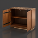 Brown mid-century modern Surya Skopa cabinet with marble top, open doors revealing shelves, and white oak construction.