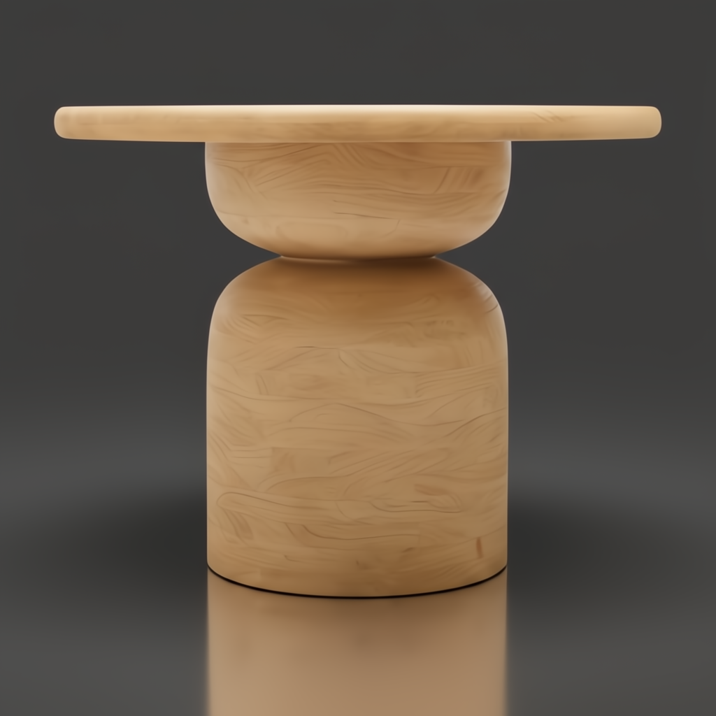 Beige mango wood round dining table with a unique hourglass-shaped base and brushed finish.