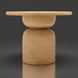 Beige mango wood round dining table with a unique hourglass-shaped base and brushed finish.