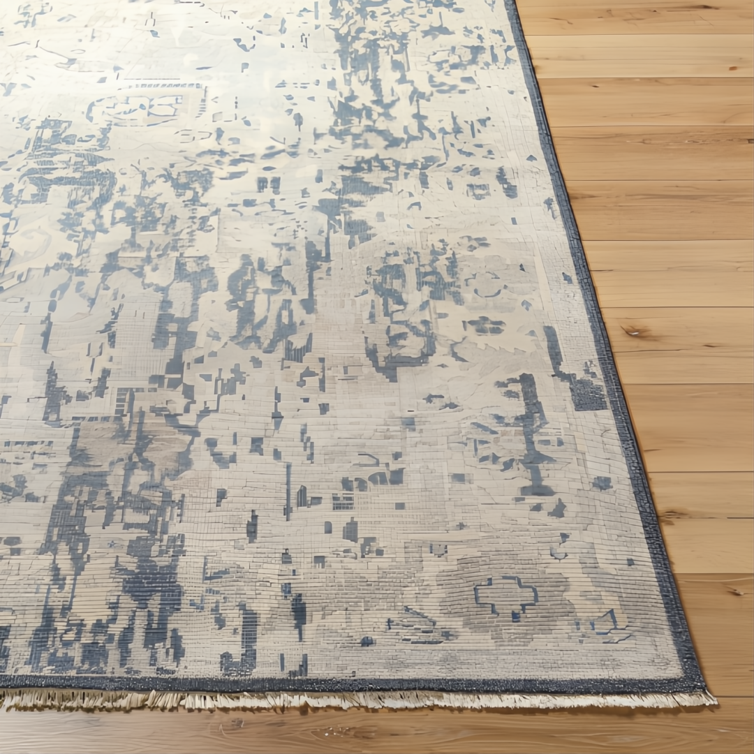 Hand-knotted wool area rug with traditional charcoal, wheat, and taupe abstract design, low pile, and fringe.