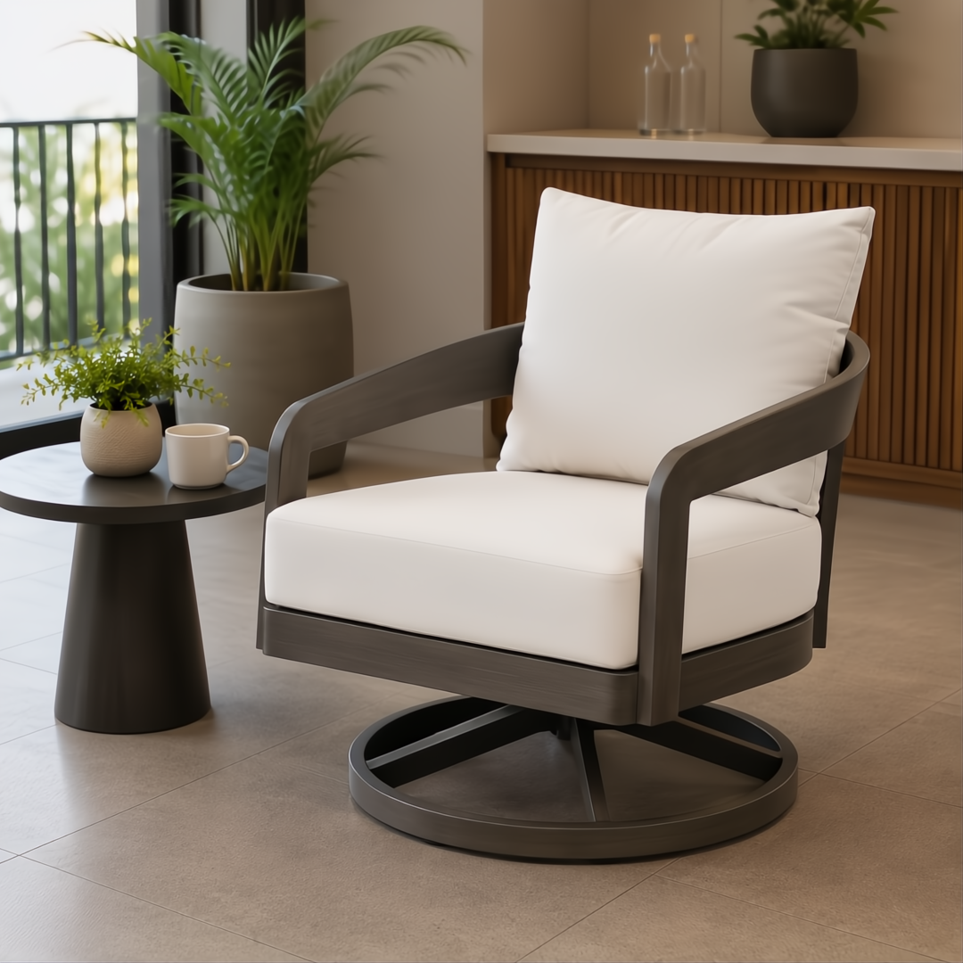 Gray hand-painted aluminum Surya Daniella Swivel Chair with white Sunbrella® cushions, outdoor safe.