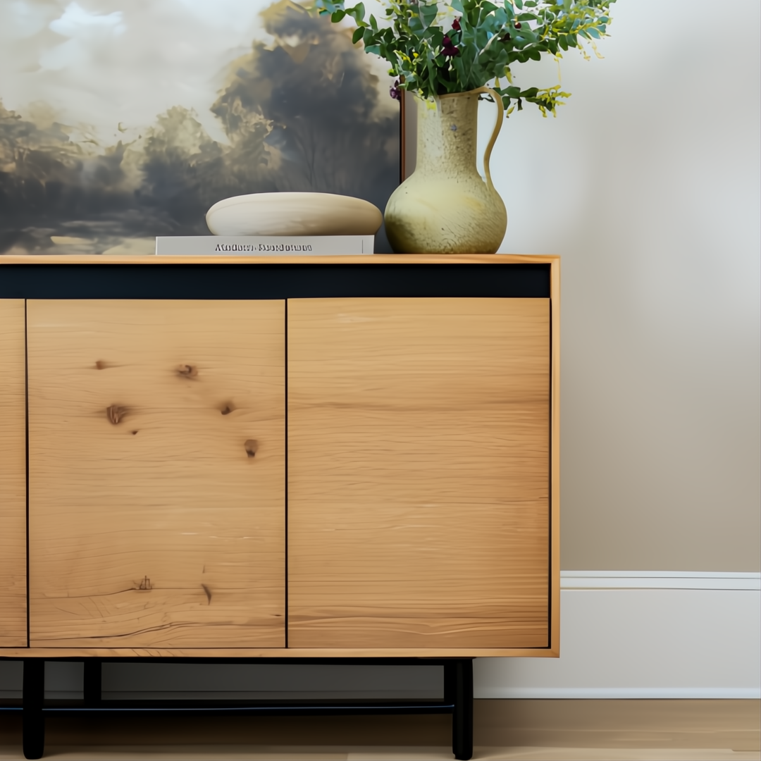 Modern Surya Molander sideboard with natural oak veneer top, black steel frame, and soft-close doors.
