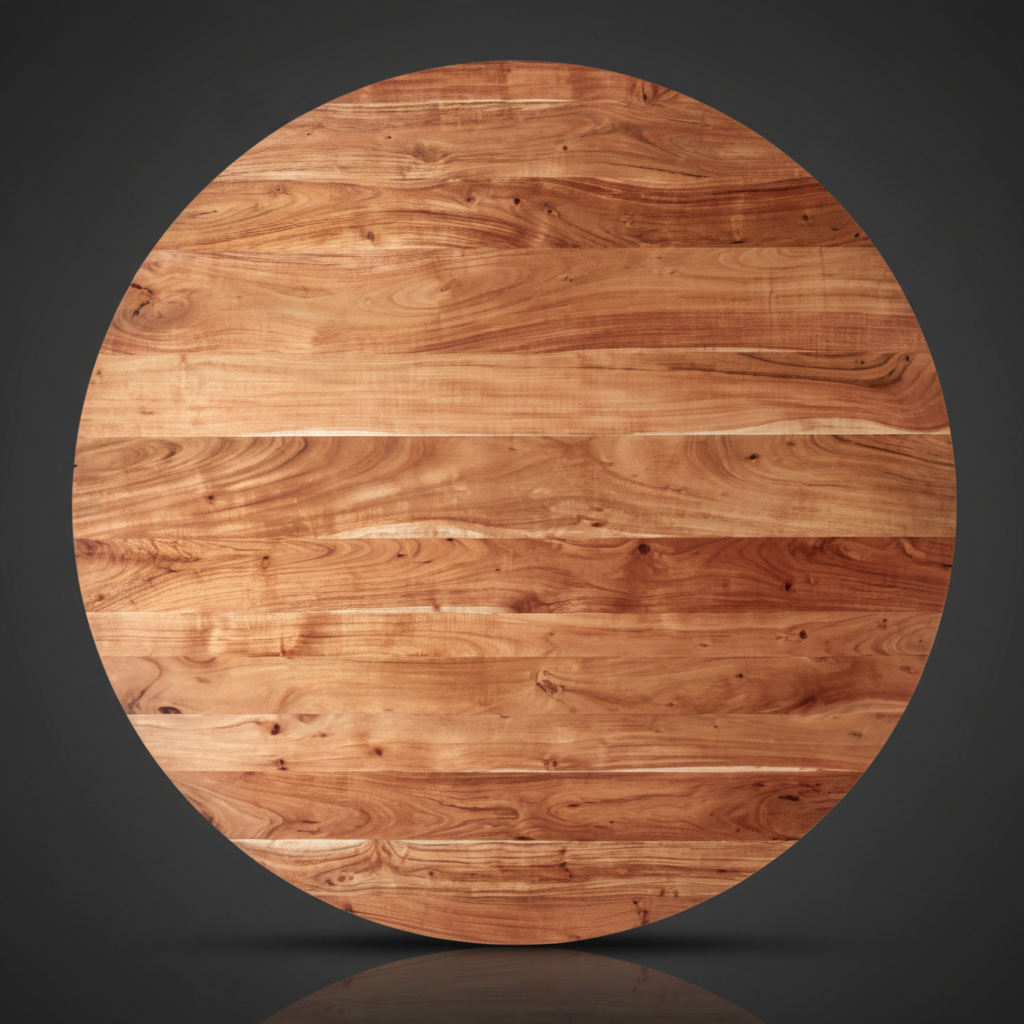 Round Surya Anatalia dining table top, 55" brown natural acacia wood with visible grain.